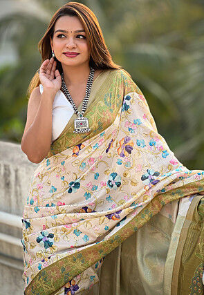 Printed Tussar Silk Saree in Off White and Green