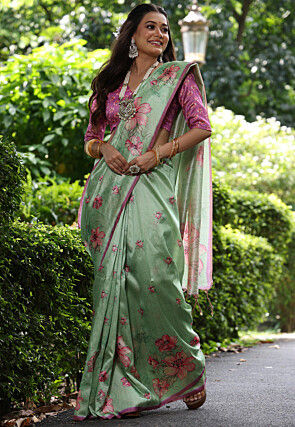 Printed Tussar silk Saree in Pastel Green