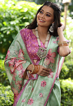 Printed Tussar silk Saree in Pastel Green