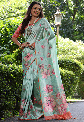 Printed Tussar silk Saree in Pastel Green
