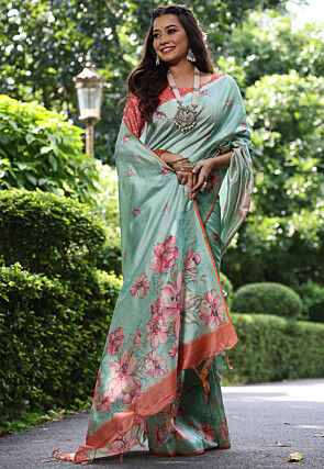 Printed Tussar silk Saree in Pastel Green