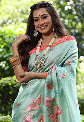 Printed Tussar silk Saree in Pastel Green