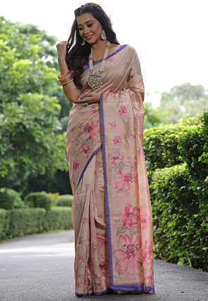 Printed Tussar silk Saree in Peach