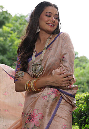 Printed Tussar silk Saree in Peach