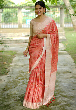 Printed Tussar Silk Saree in Peach