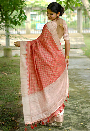 Printed Tussar Silk Saree in Peach