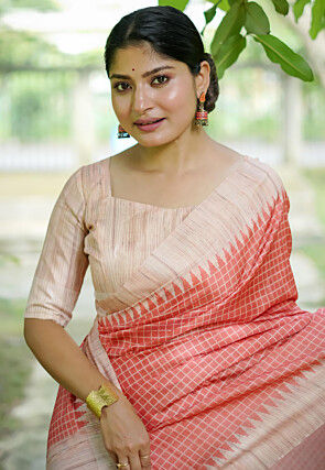 Printed Tussar Silk Saree in Peach
