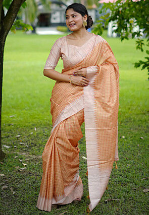Printed Tussar Silk Saree in Peach