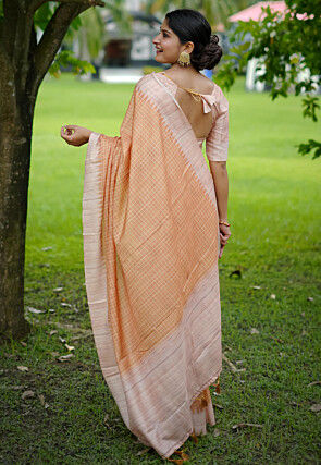 Printed Tussar Silk Saree in Peach