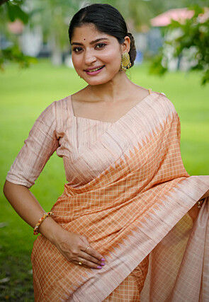 Printed Tussar Silk Saree in Peach
