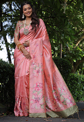 Printed Tussar silk Saree in Pink