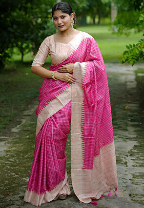 Printed Tussar Silk Saree in Pink