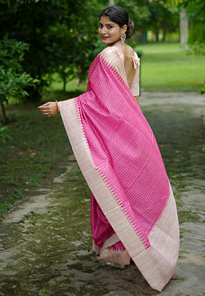 Printed Tussar Silk Saree in Pink