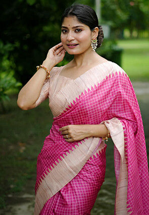 Printed Tussar Silk Saree in Pink