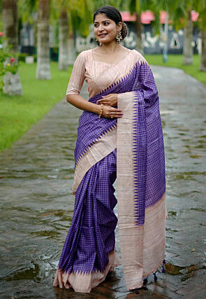 Printed Tussar Silk Saree in Purple