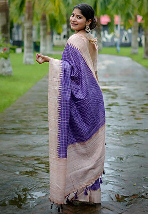 Printed Tussar Silk Saree in Purple