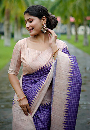 Printed Tussar Silk Saree in Purple