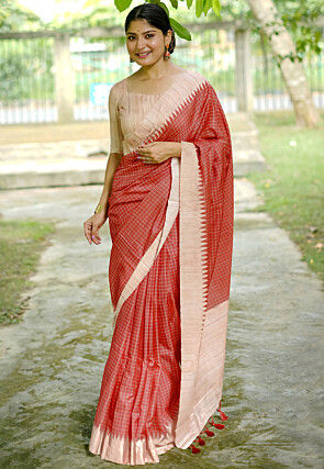 Printed Tussar Silk Saree in Red