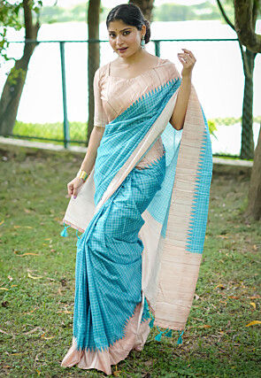 Printed Tussar Silk Saree in Sky Blue