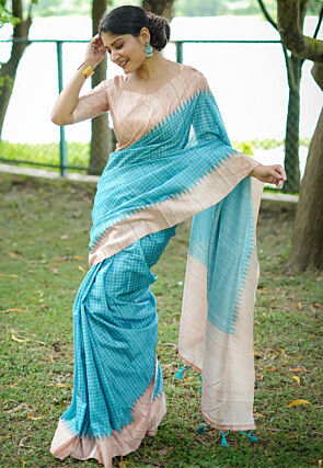 Printed Tussar Silk Saree in Sky Blue