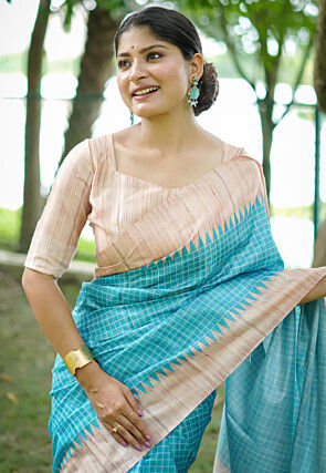 Printed Tussar Silk Saree in Sky Blue