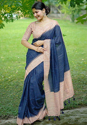 Printed Tussar Silk Saree in Teal Blue