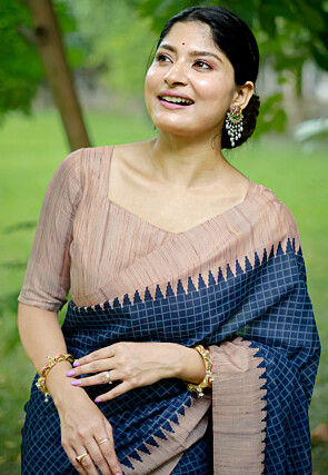 Printed Tussar Silk Saree in Teal Blue