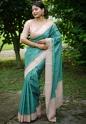 Printed Tussar Silk Saree in Teal Green
