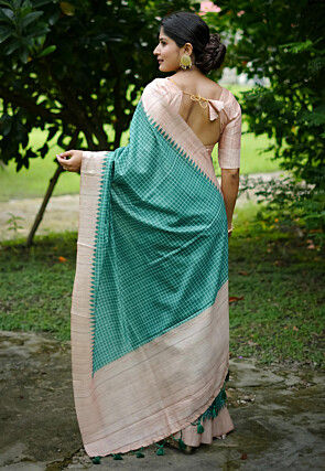 Printed Tussar Silk Saree in Teal Green