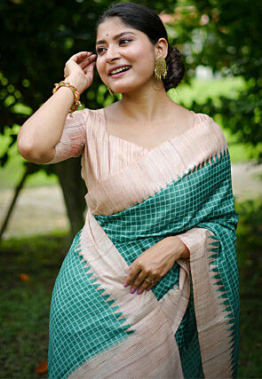 Printed Tussar Silk Saree in Teal Green