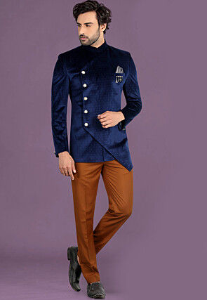 Printed Velvet Asymmetric Jodhpuri Suit in Navy Blue