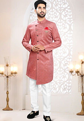 Printed Velvet Asymmetric Sherwani in Pink