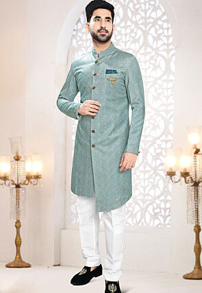 Printed Velvet Asymmetric Sherwani in Sea Green