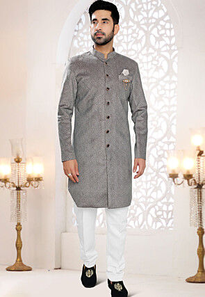 Printed Velvet High Low Sherwani in Grey