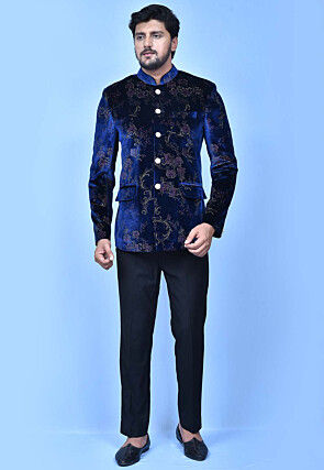 Printed Velvet Jodhpuri Suit in Navy Blue