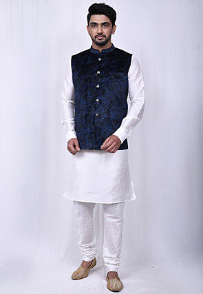 Printed Velvet Nehru Jacket in Navy Blue