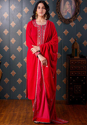 Printed Velvet Pakistani Suit in Fuchsia