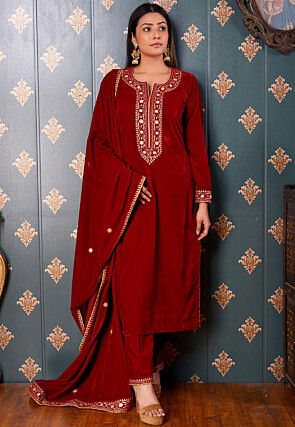 Printed Velvet Pakistani Suit in Maroon