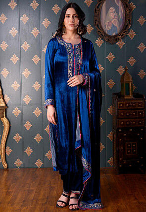 Printed Velvet Pakistani Suit in Royal Blue