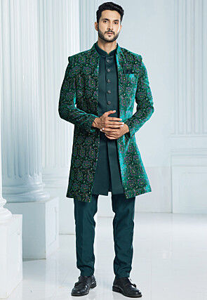 Printed Velvet Sherwani in Teal Green