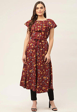 Printed Viscose A Line Kurta in Maroon