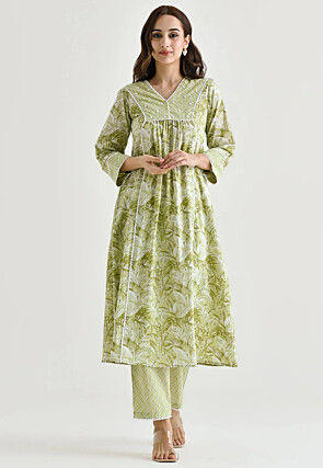 Printed Viscose Cotton A Line Kurta Set in Light Green