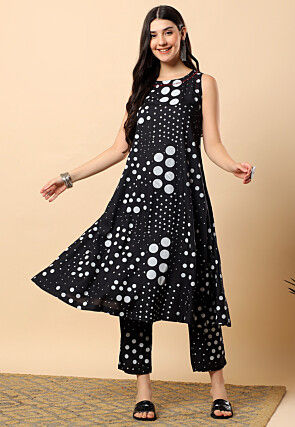 Printed Viscose Cotton Co Ord Set in Black