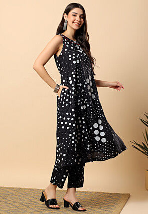 Printed Viscose Cotton Co Ord Set in Black