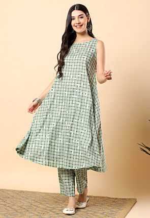 Printed Viscose Cotton Co Ord Set in Dusty Green