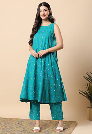 Printed Viscose Cotton Co Ord Set in Teal Blue
