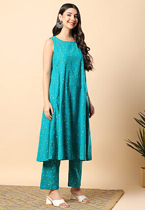 Printed Viscose Cotton Co Ord Set in Teal Blue