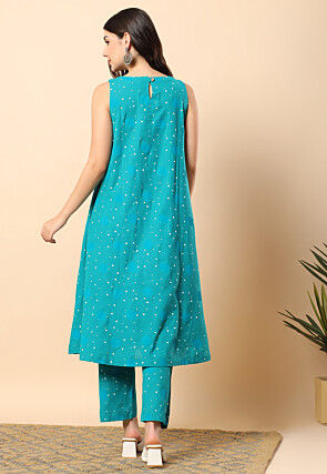 Printed Viscose Cotton Co Ord Set in Teal Blue
