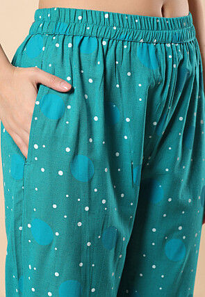 Printed Viscose Cotton Co Ord Set in Teal Blue