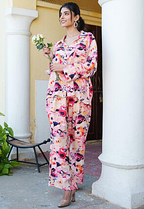 Printed Viscose Muslin Cotton Co Ord Set in Peach